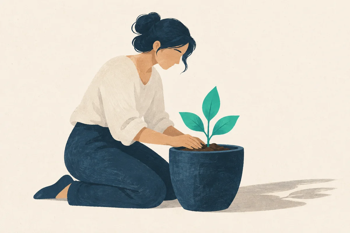 Pessoa cuida da terra ao redor de uma pequena planta.
