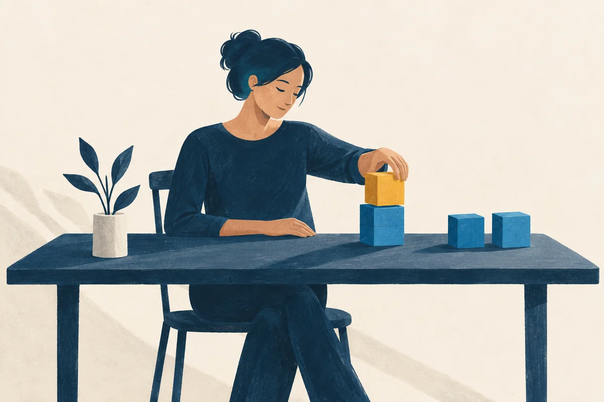Pessoa organiza blocos sobre a mesa, dedicando atenção a um de cada vez.