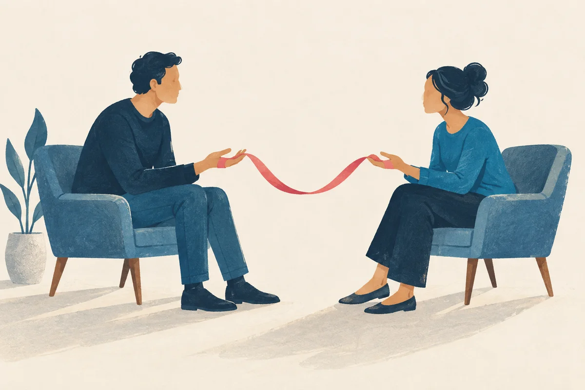 Duas pessoas sustentam uma fita coral entre as mãos, representando o cuidado com o vínculo.