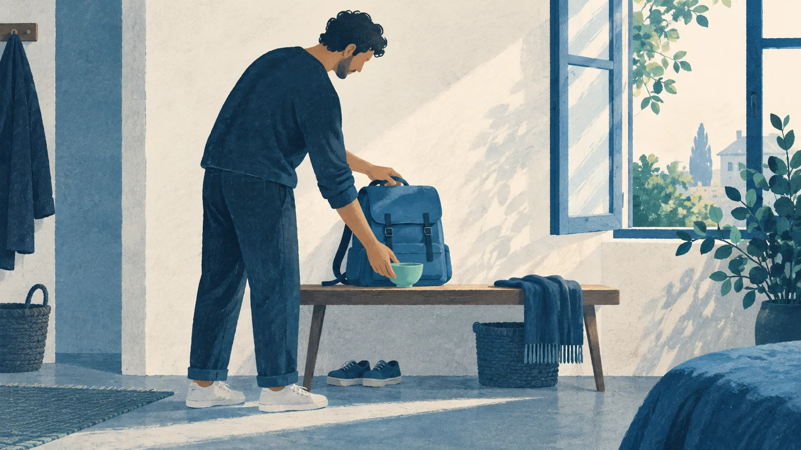 Pessoa organiza uma bolsa azul e uma pequena tigela verde perto de uma janela.