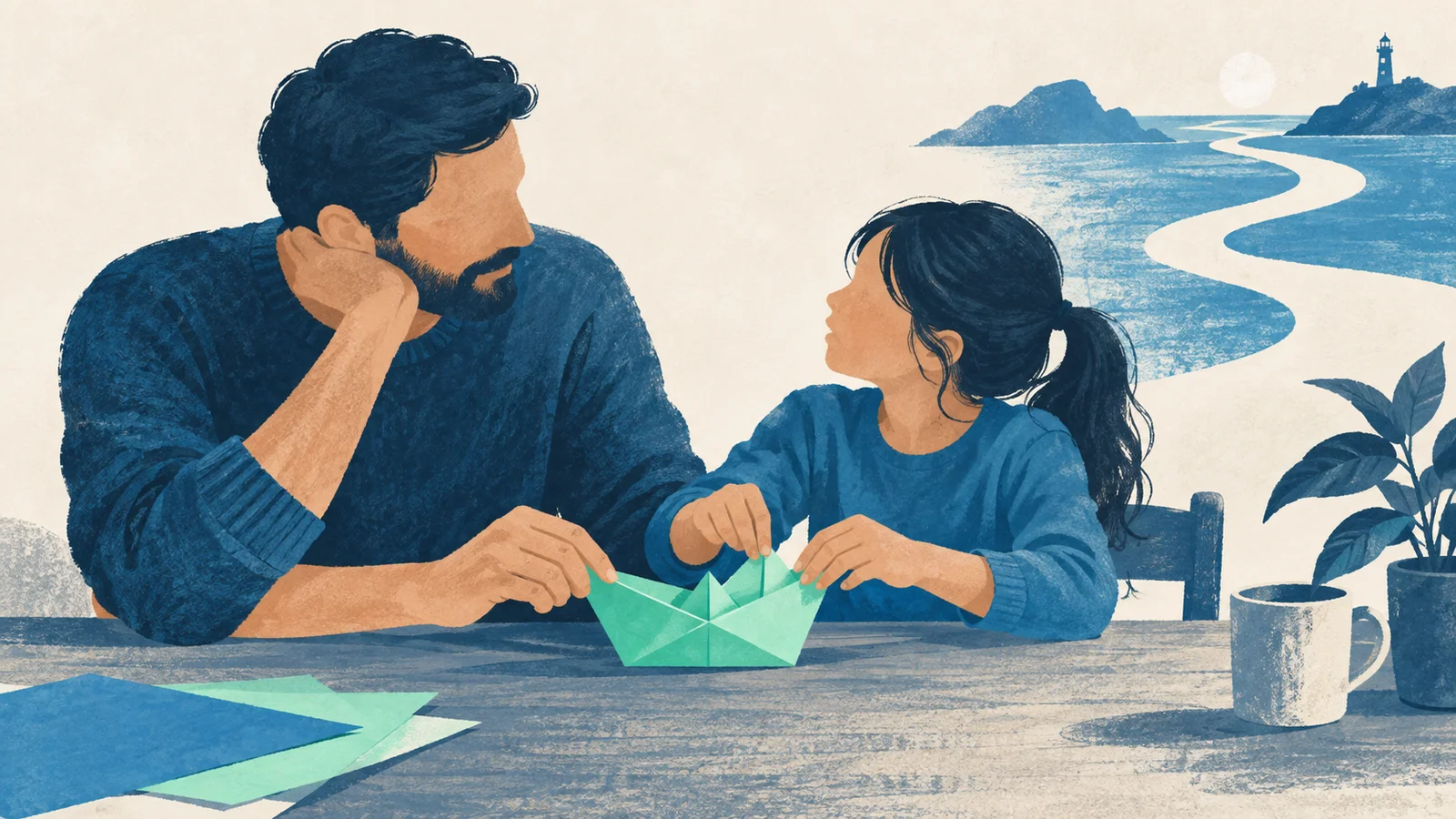 Pai e filha fazem juntos um pequeno barco de papel verde sobre uma mesa.