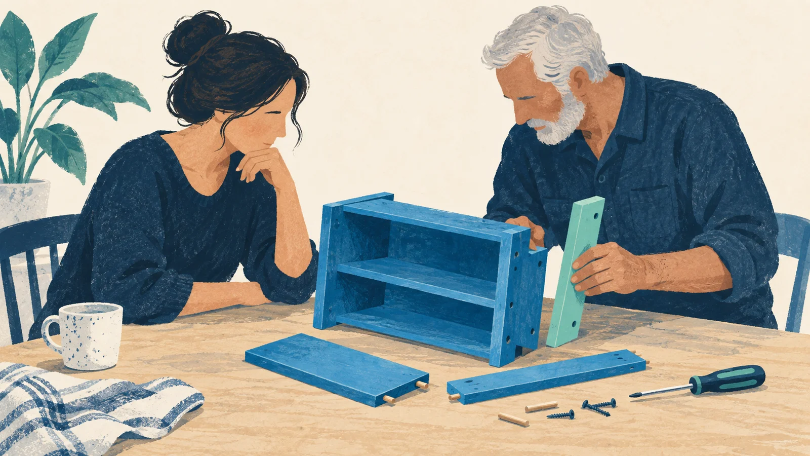 Duas pessoas examinam as peças de uma pequena prateleira azul e um suporte verde para repará-la.