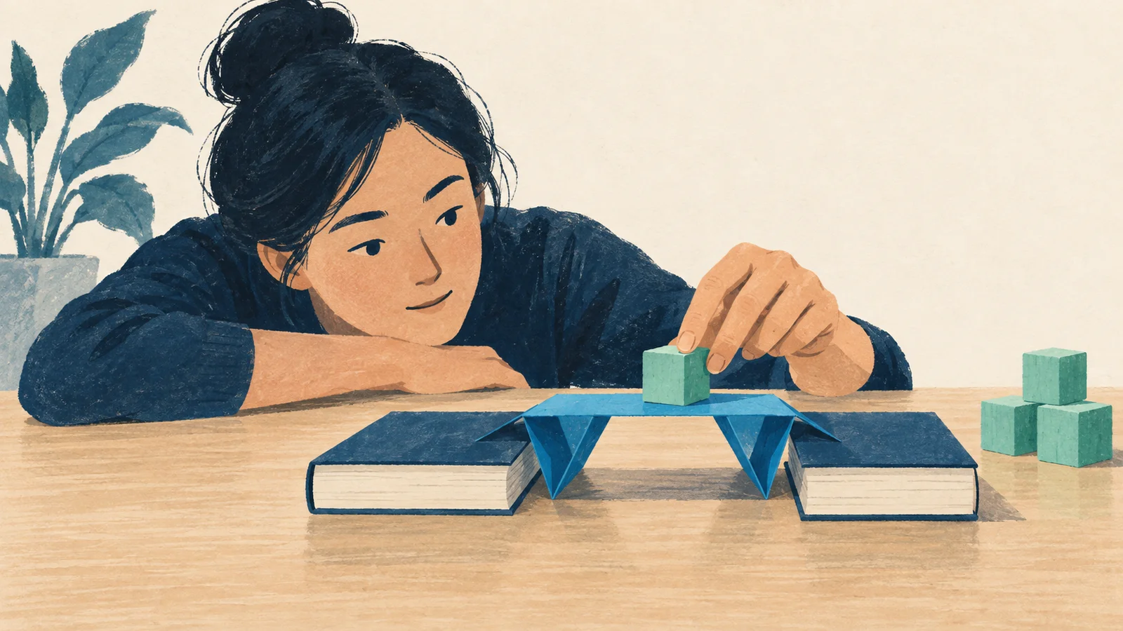 Pessoa testa uma pequena ponte de papel azul com um bloco verde sobre uma mesa.
