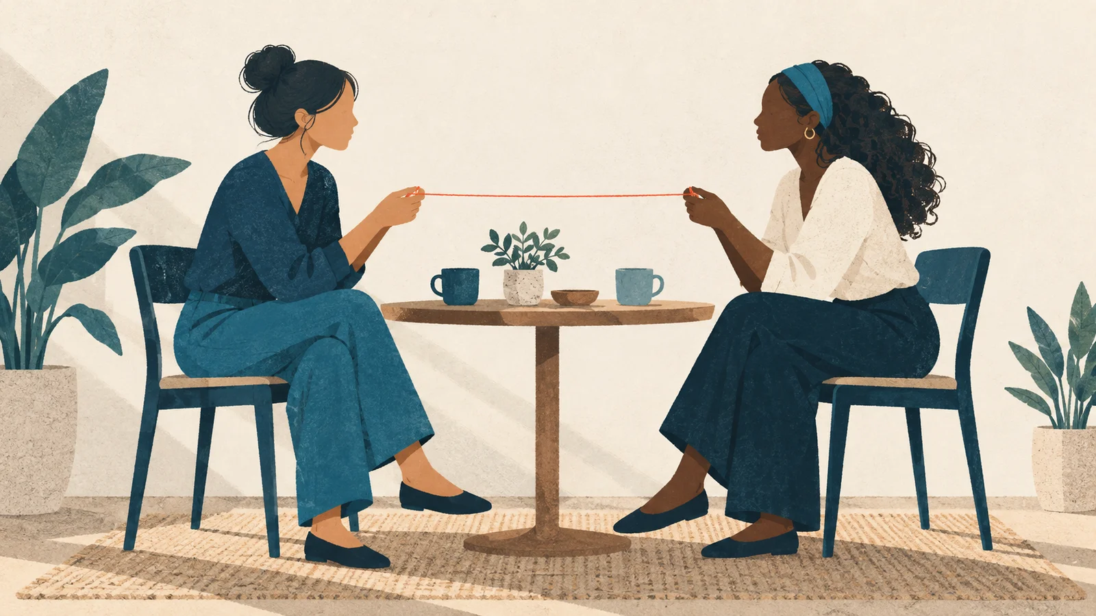 Duas mulheres seguram um fio coral entre as mãos durante uma conversa.