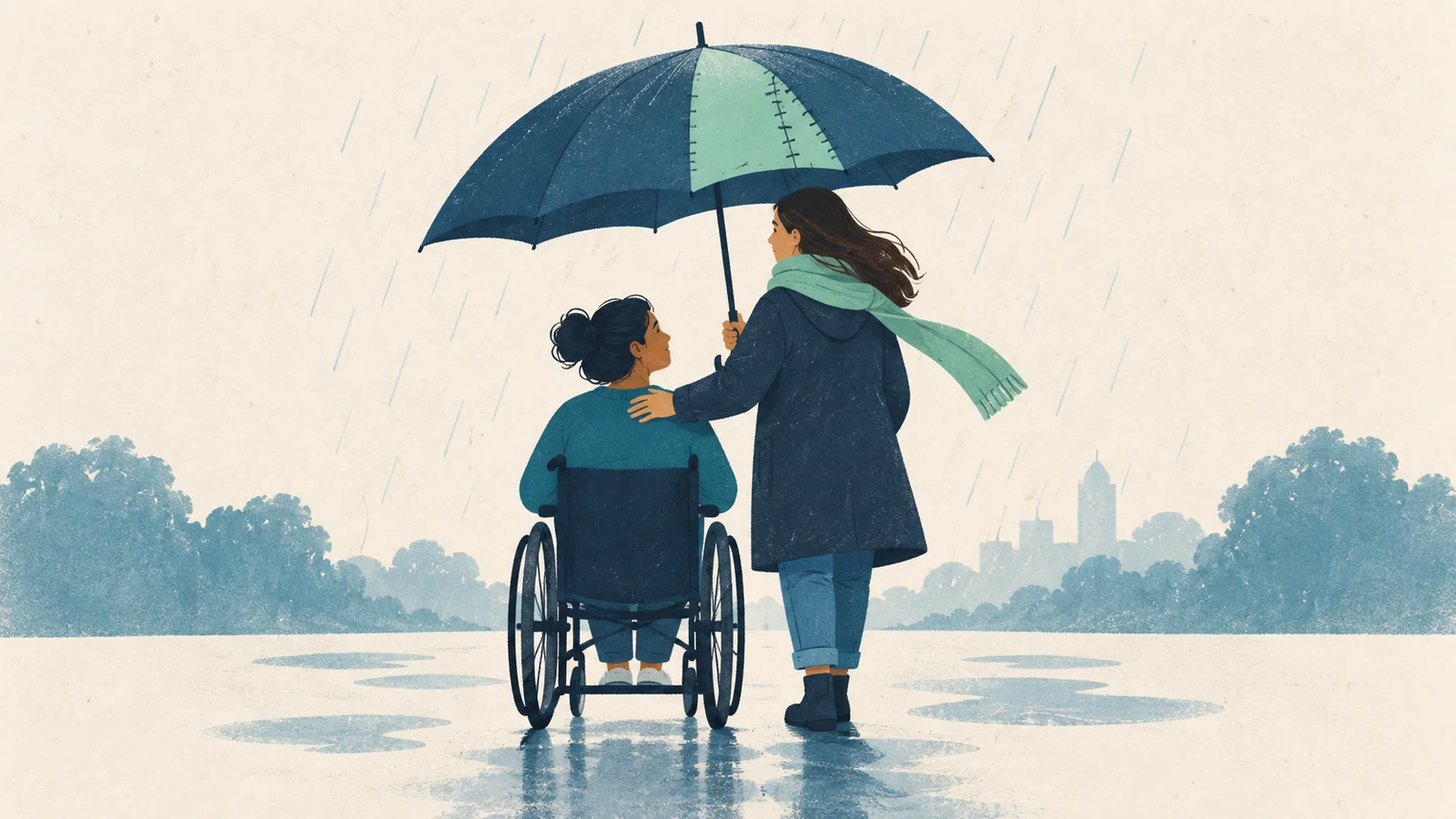 Duas pessoas, uma em cadeira de rodas, compartilham um guarda-chuva azul com reparo verde.