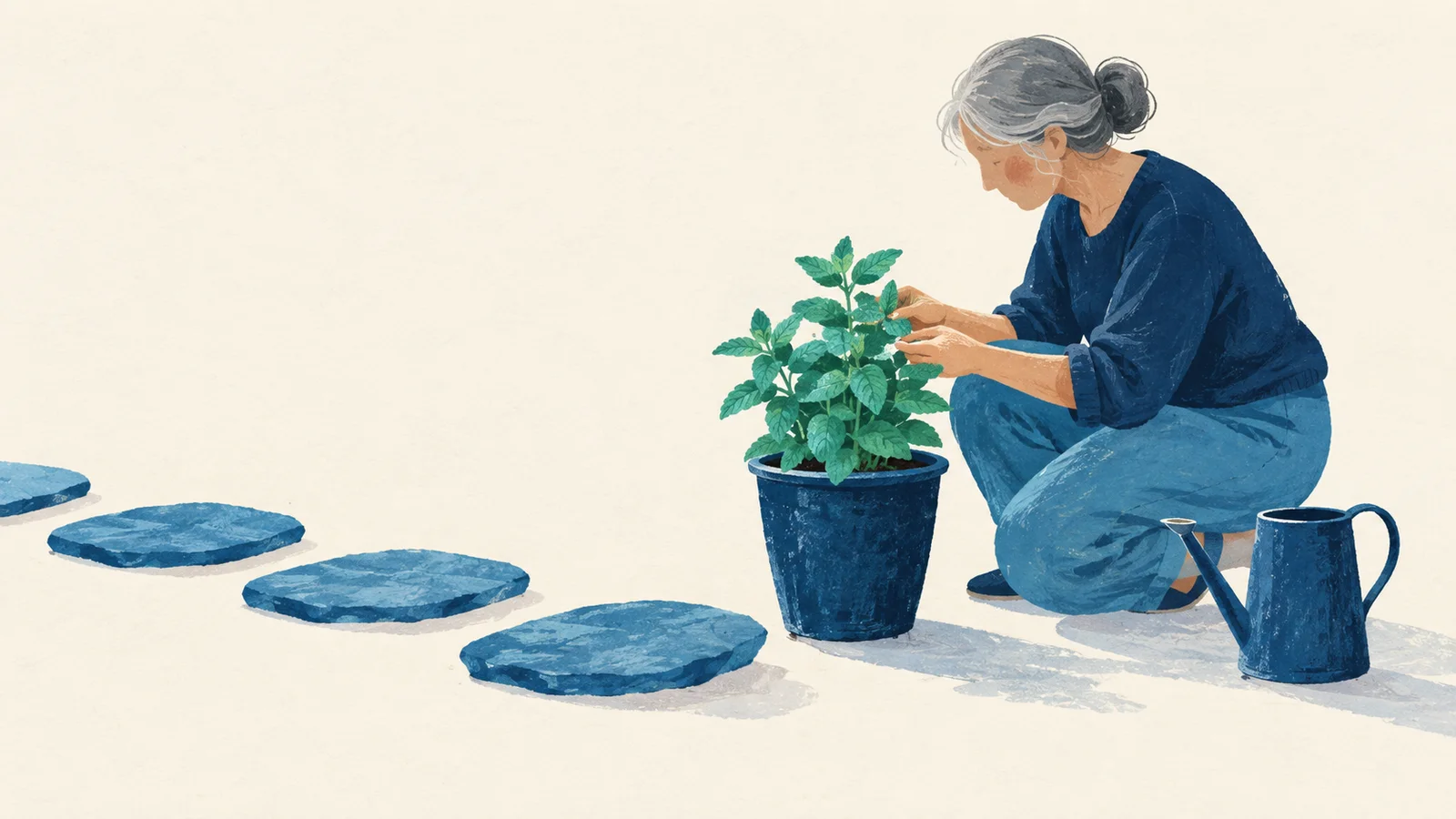 Mulher cuida de uma planta verde num vaso azul ao lado de um caminho de pedras.