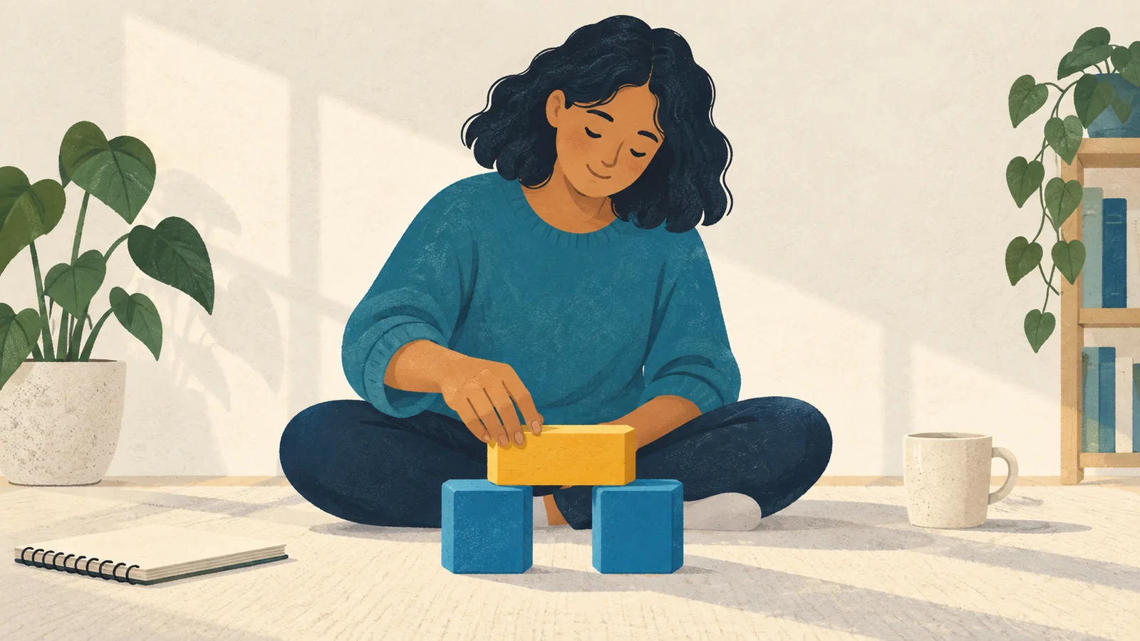 Mulher monta uma pequena ponte com blocos azuis e uma peça amarela.