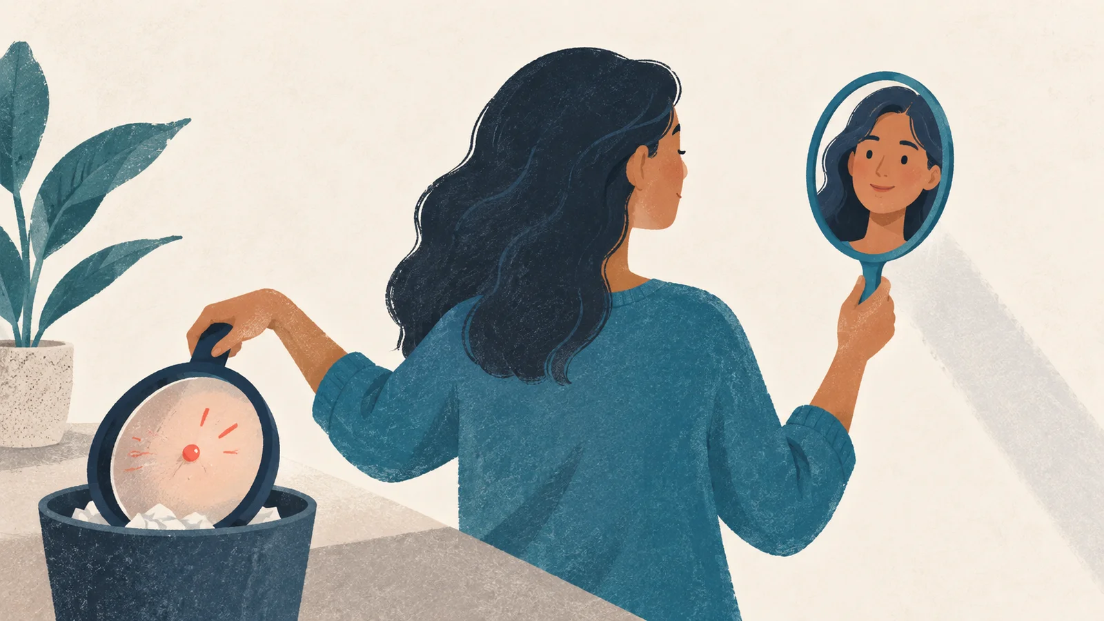 Mulher coloca uma lupa sobre a mesa e observa seu reflexo num pequeno espelho.