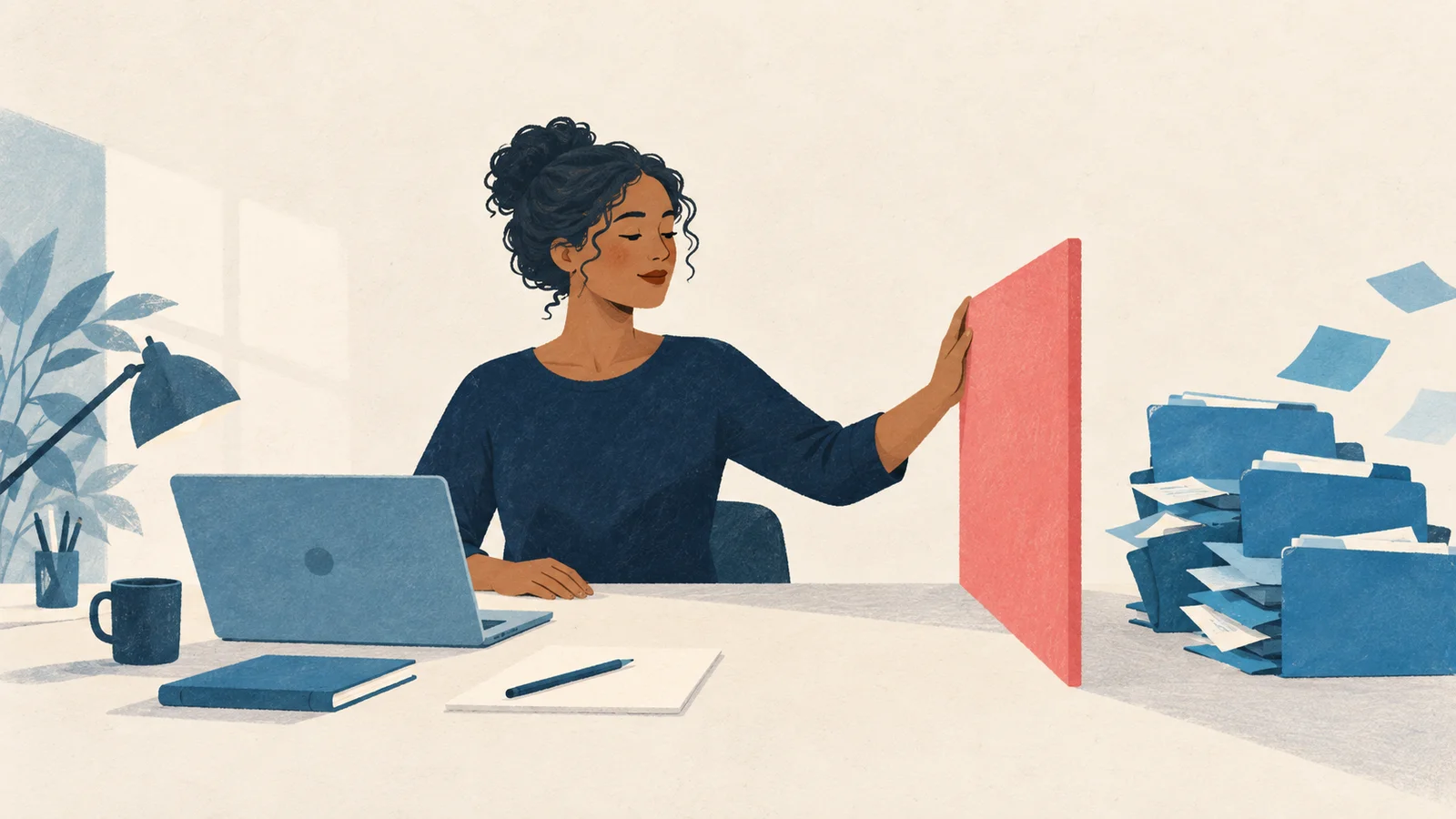 Mulher organiza seu espaço de trabalho com uma pequena divisória coral.