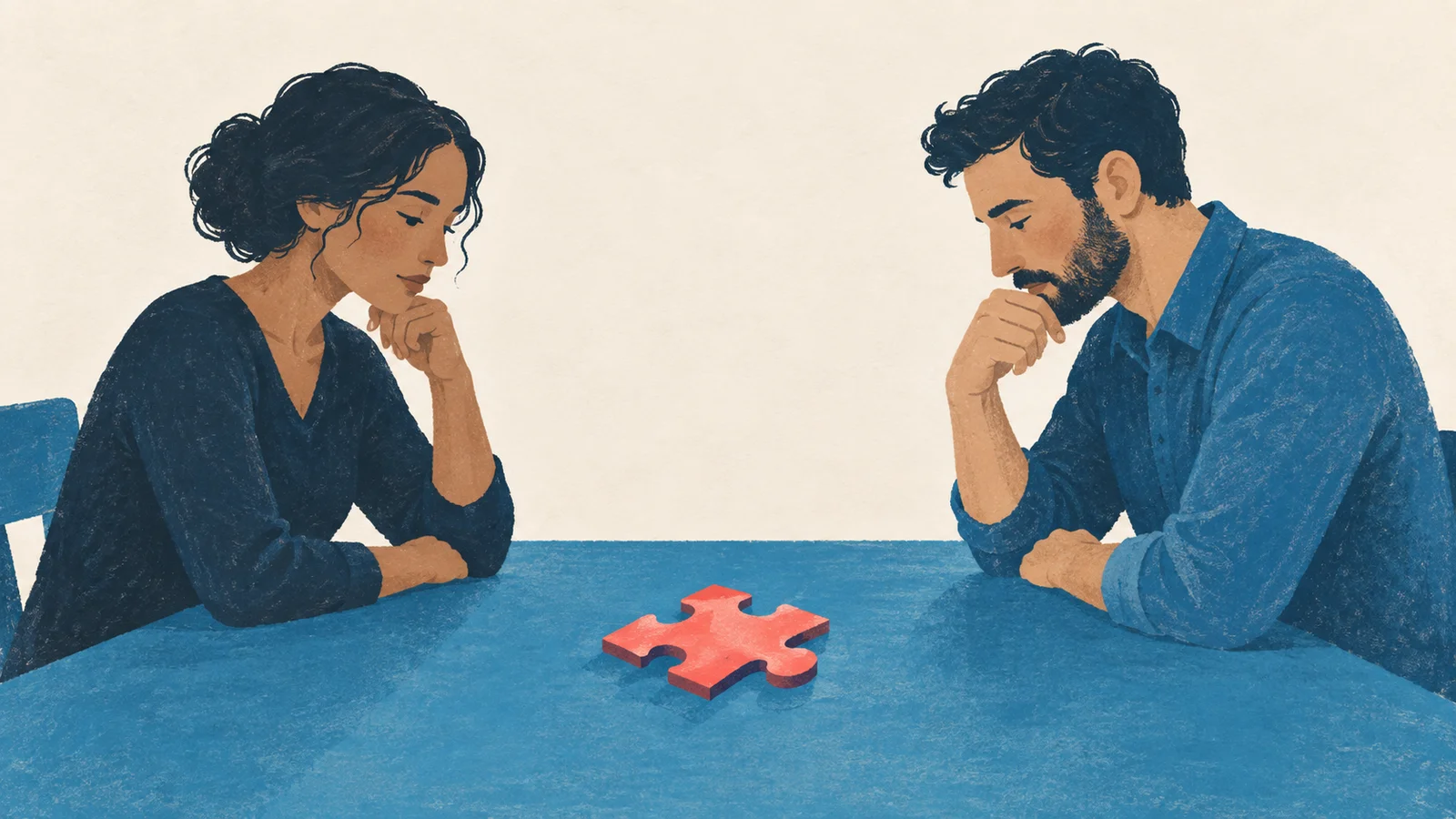 Duas pessoas observam peças sobre uma mesa azul, buscando um ajuste possível.
