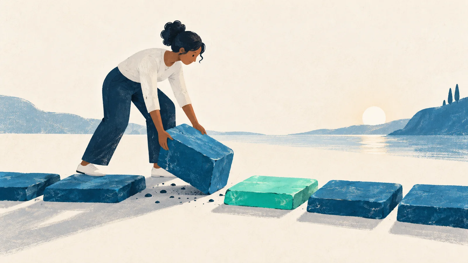 Pessoa remove um bloco azul do caminho, revelando uma peça verde-menta.