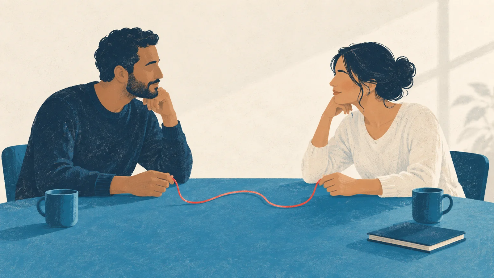 Duas pessoas apoiam uma fita coral sobre a mesa durante uma conversa.