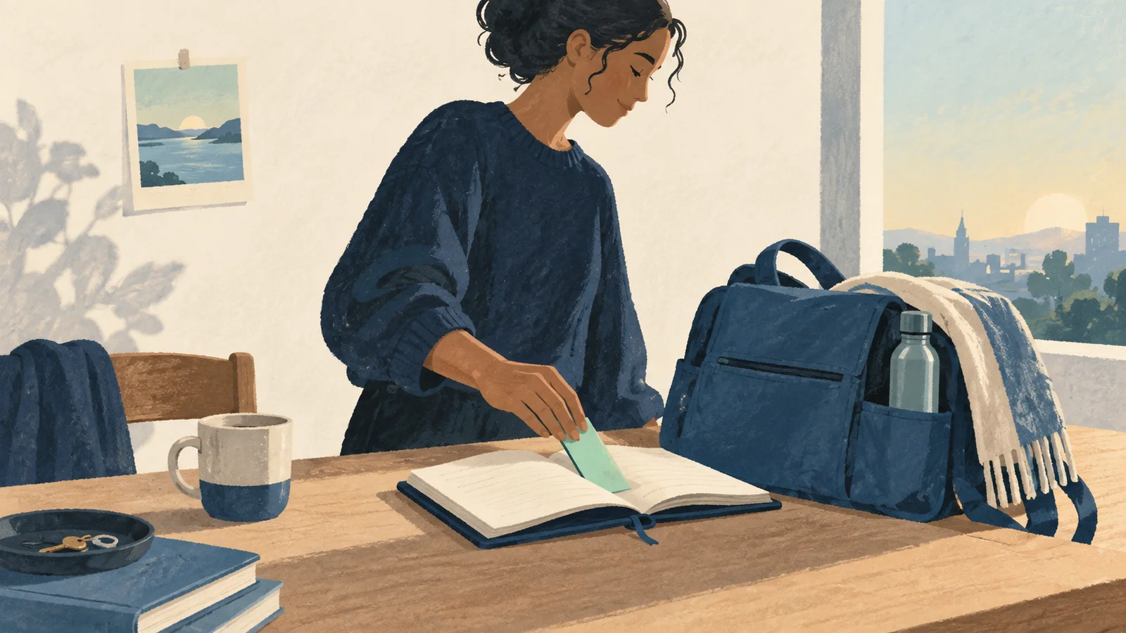 Pessoa coloca um marcador verde-menta num caderno ao lado de uma mochila azul.