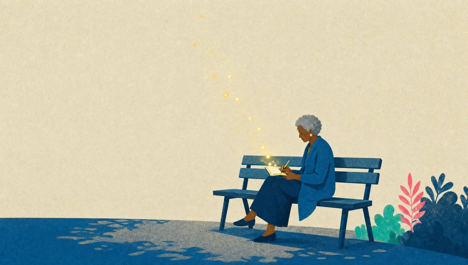 Mulher mais velha escreve num caderno amarelo sentada em um banco azul, com pequenos pontos de luz acima das páginas.