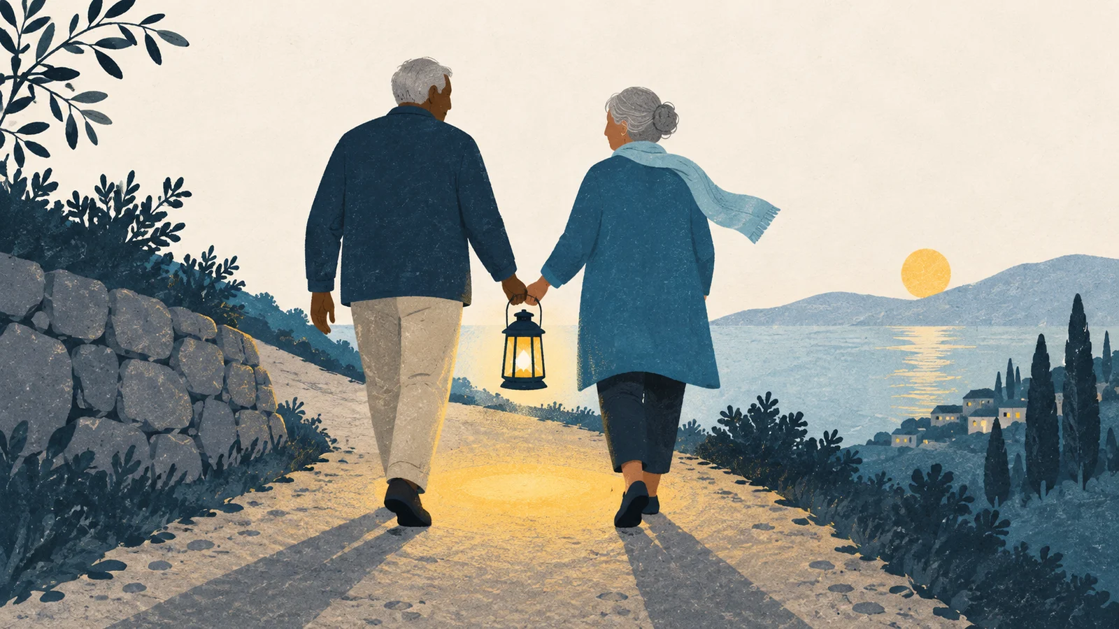 Duas pessoas mais velhas carregam juntas uma lanterna com luz amarela.