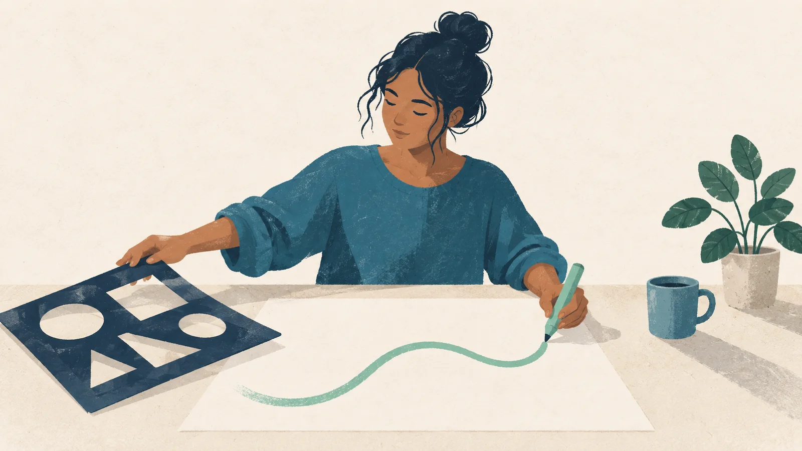 Mulher afasta um molde rígido azul e forma uma curva livre com um fio verde sobre a mesa.