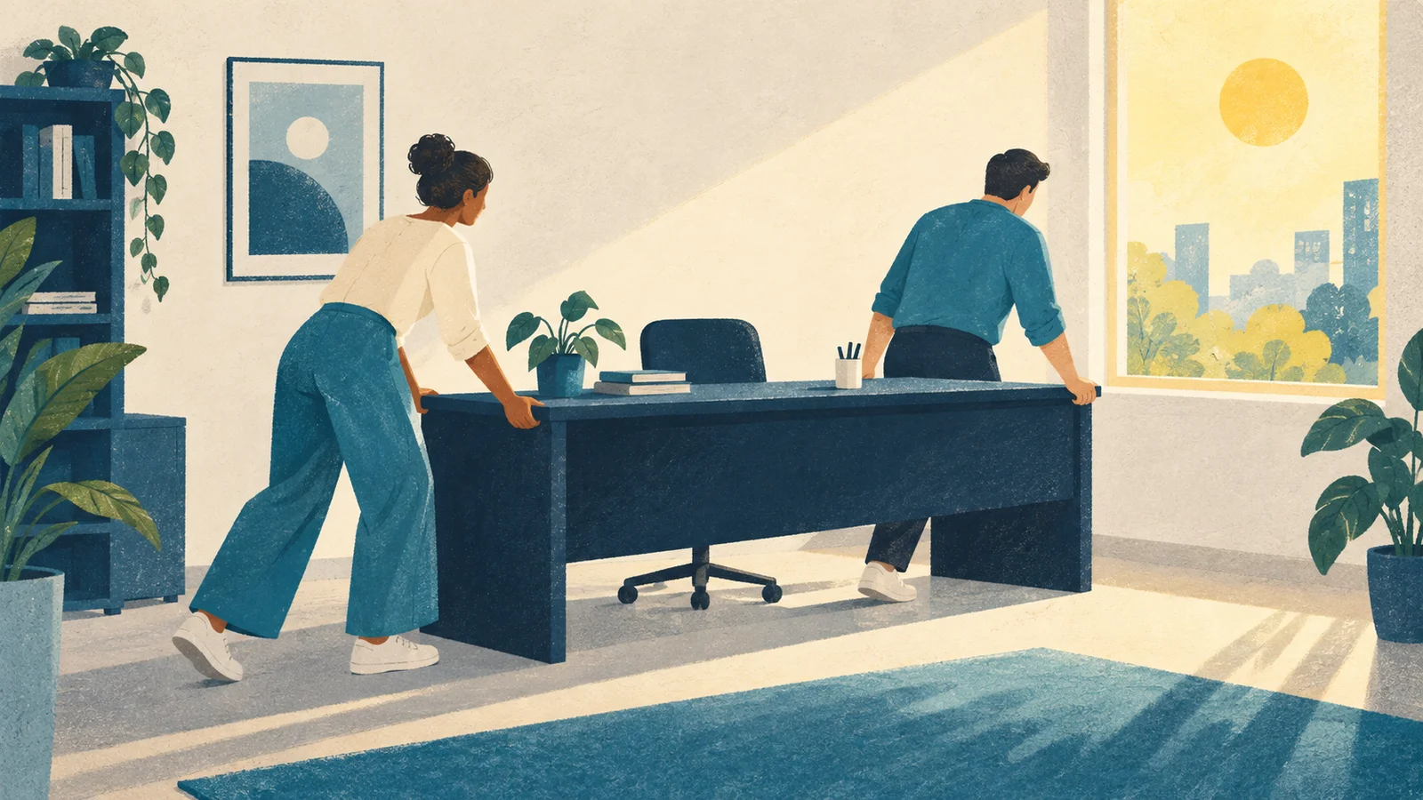 Duas pessoas reposicionam juntas uma mesa azul perto de uma janela amarela.