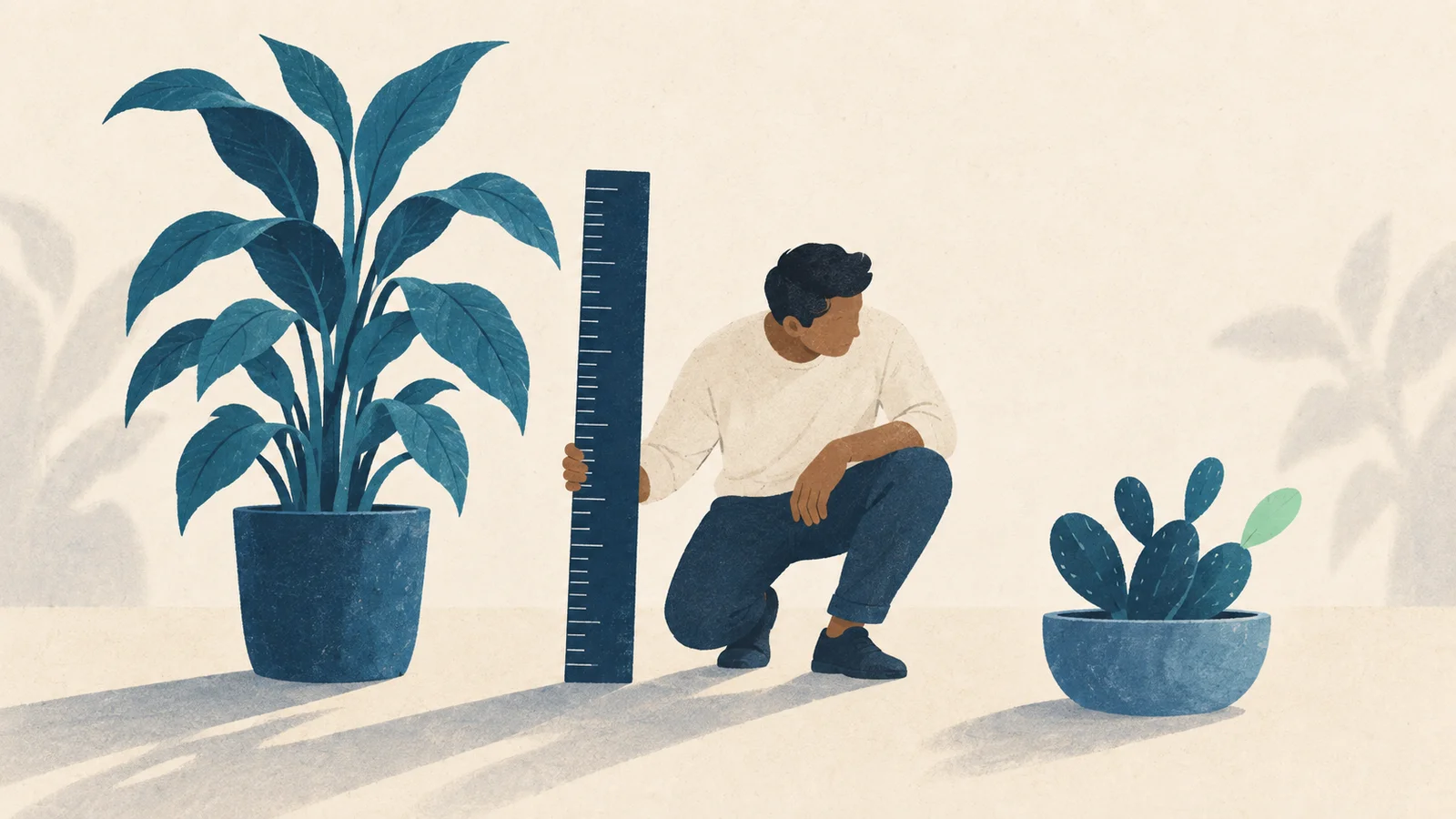 Homem deixa uma régua grande ao lado de duas plantas diferentes e observa uma folha verde.