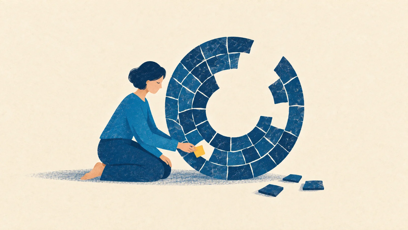 Mulher encaixa uma peça amarela em um mosaico circular azul ainda incompleto, representando um começo possível.