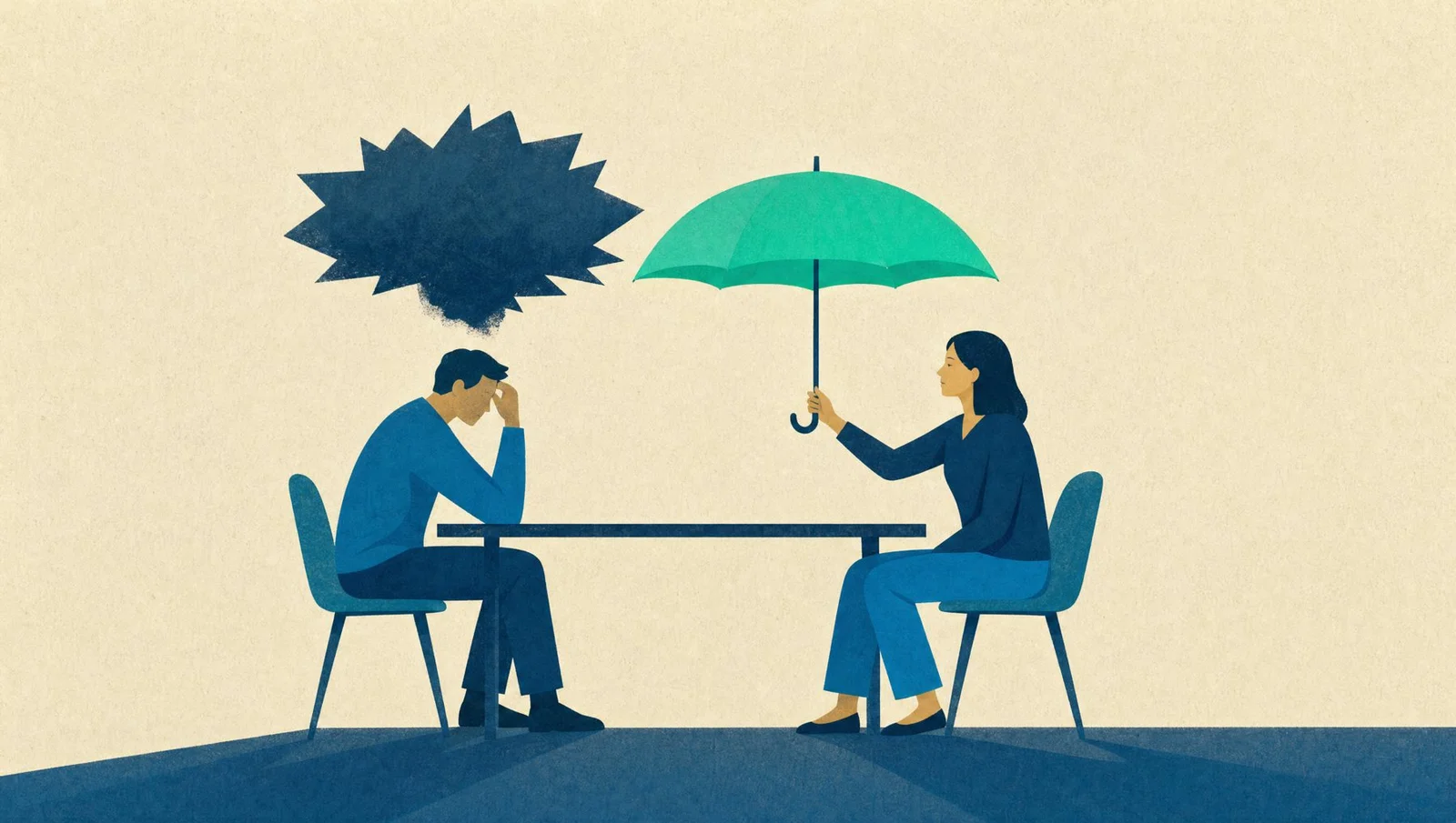 Duas pessoas conversam à mesa; uma segura um guarda-chuva verde diante de um balão de fala pontiagudo.
