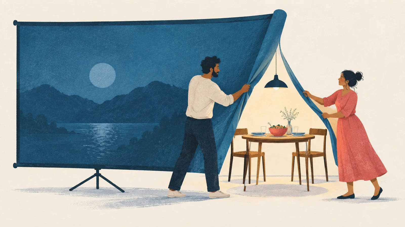 Duas pessoas abrem uma grande tela azul e revelam uma mesa posta para uma refeição.