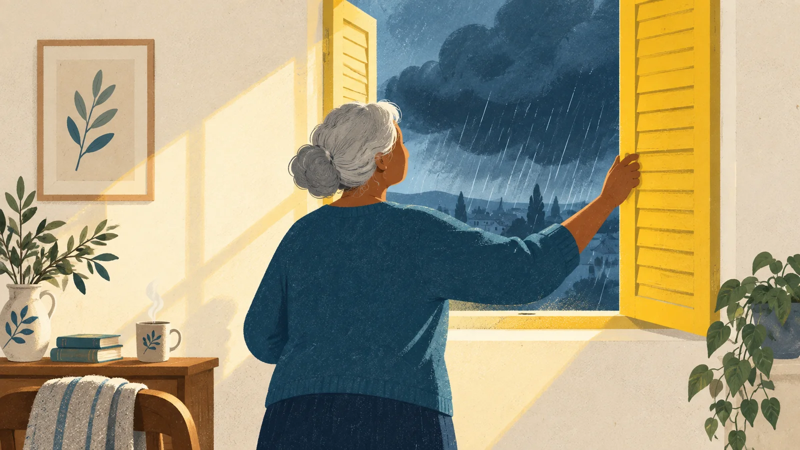 Mulher abre uma janela amarela enquanto a chuva continua do lado de fora.