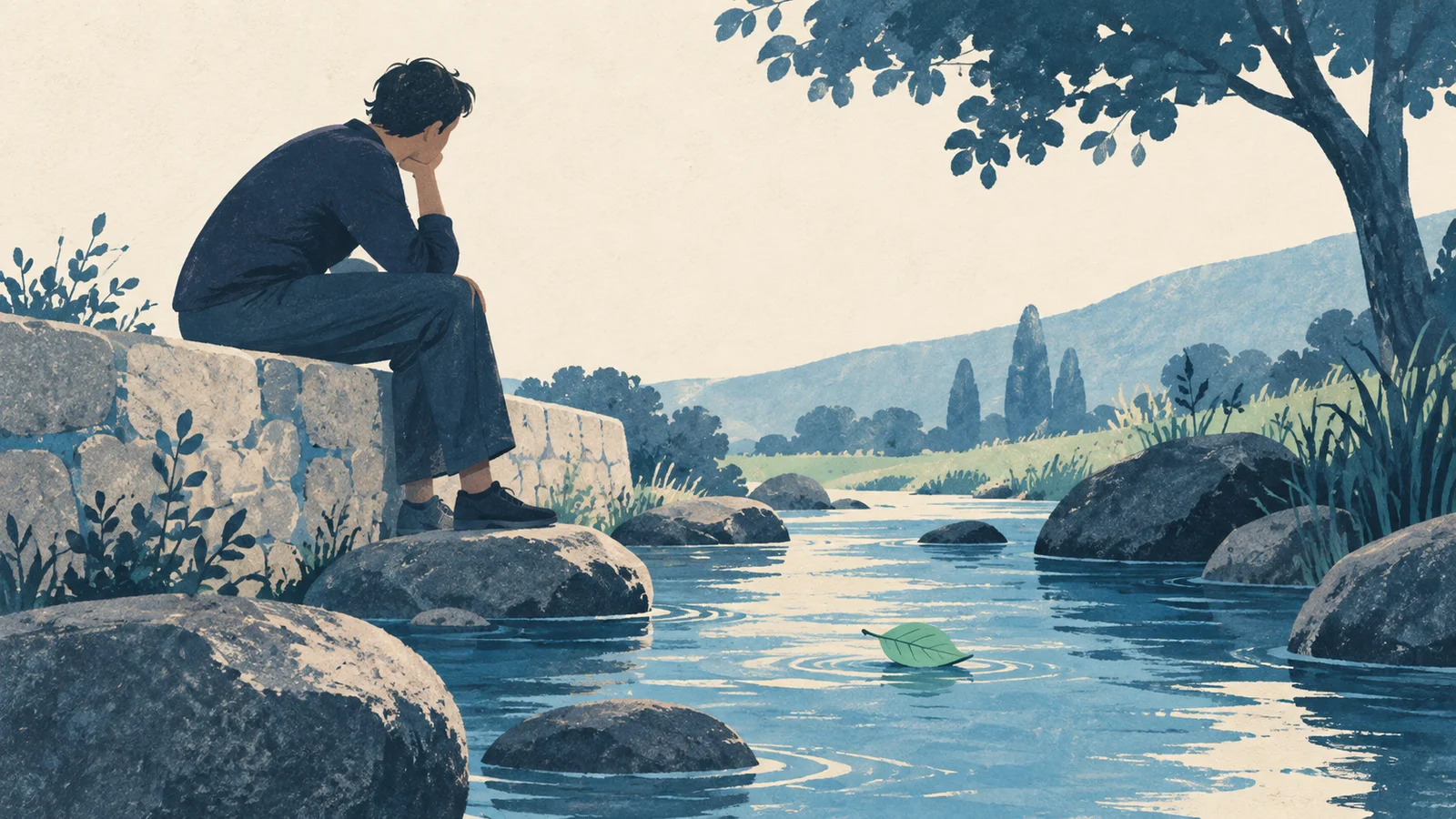 Pessoa descansa num muro baixo e observa uma folha verde num pequeno riacho azul.