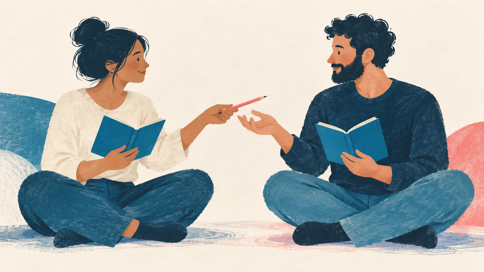 Duas pessoas sentadas com cadernos abertos compartilham um lápis coral.