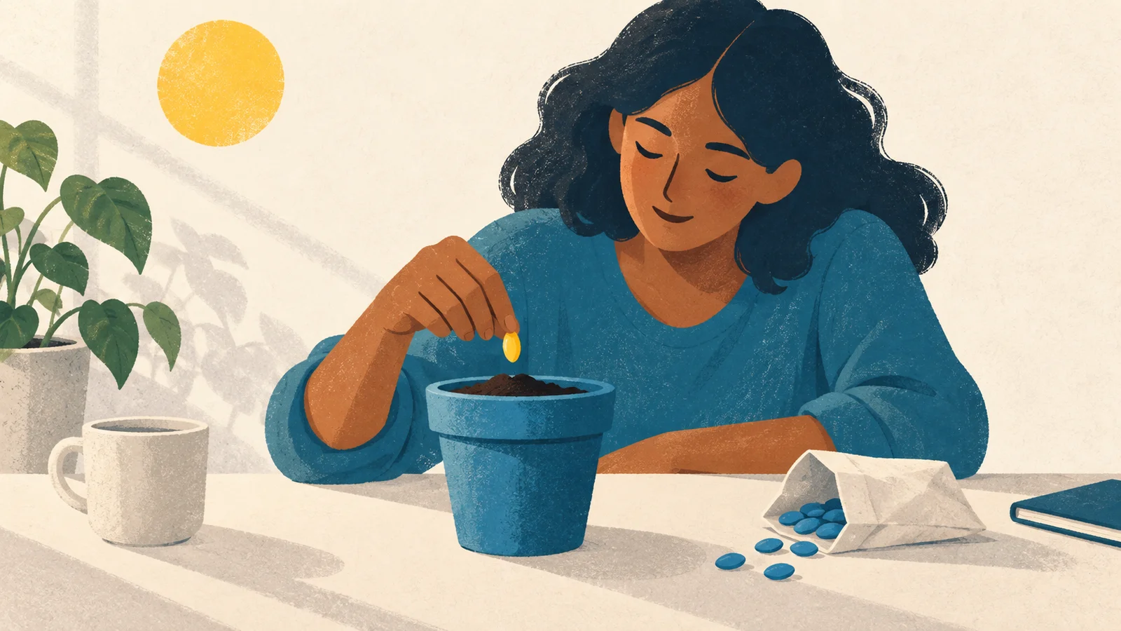 Mulher coloca uma semente amarela num vaso azul, com outras sementes ao lado.