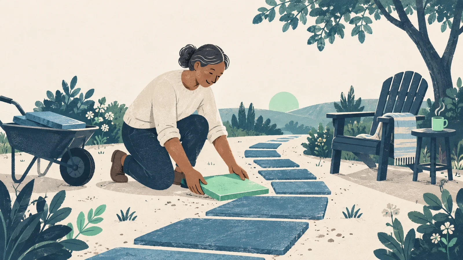 Pessoa ajusta uma pedra verde em um caminho de placas azuis num jardim.