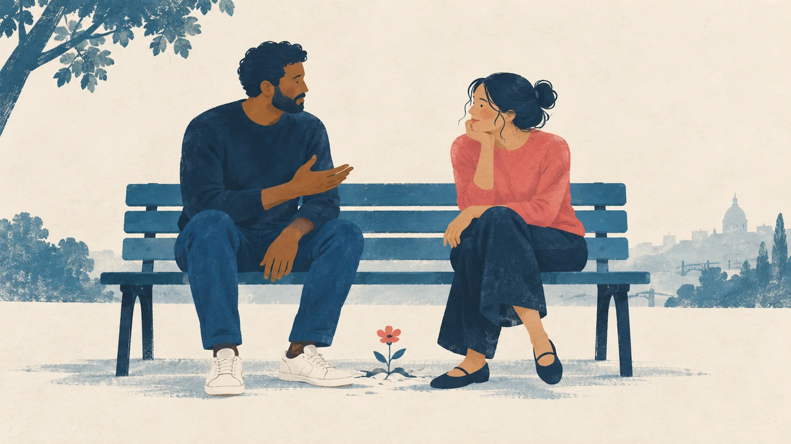 Duas pessoas conversam num banco azul, com um pequeno detalhe coral entre elas.