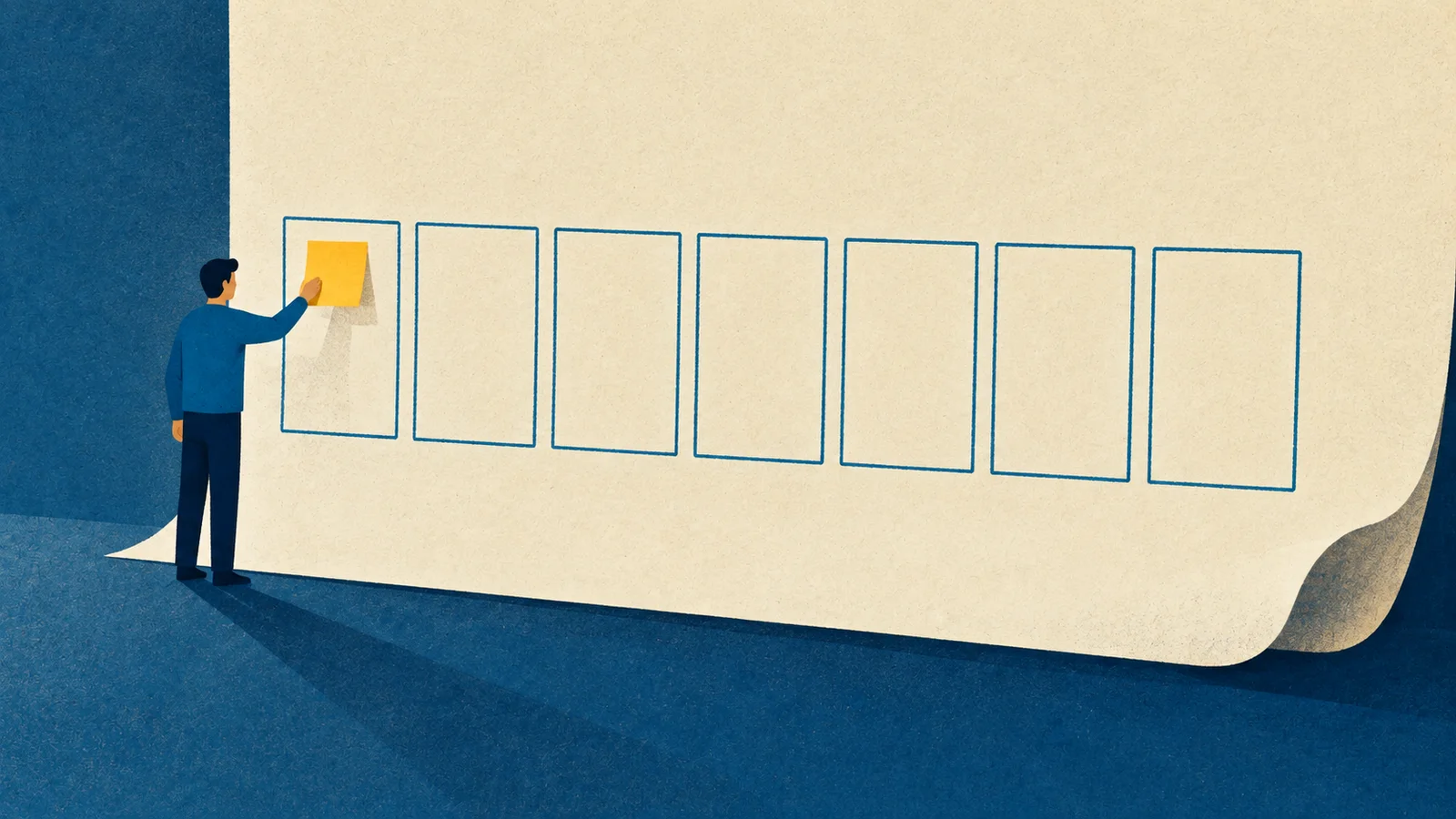 Homem coloca um quadrado amarelo no primeiro espaço de um grande calendário sem números.