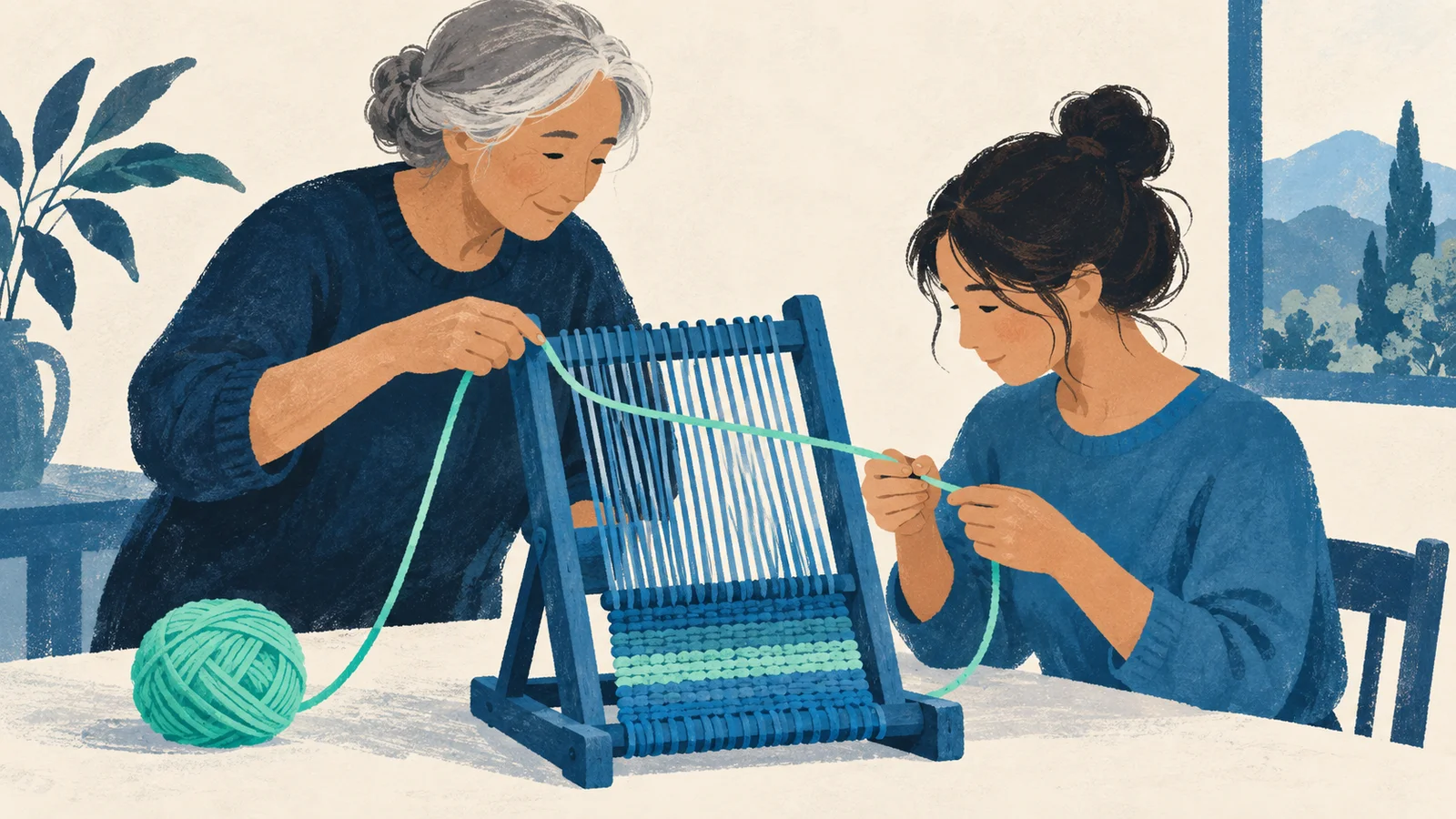 Duas pessoas de gerações diferentes compartilham um fio verde num pequeno tear azul.