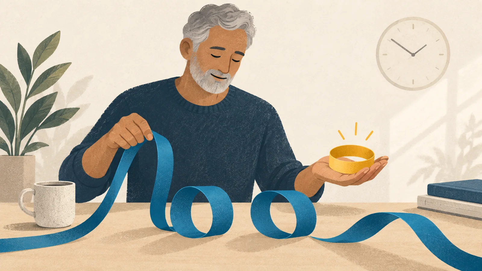 Homem de cabelos grisalhos segura uma fita azul e preserva um pequeno laço amarelo na palma.